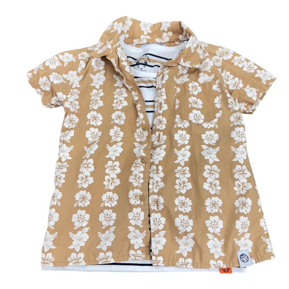 Free Planet Boys Tan Hibiscus Button Down Shirt & Striped Tee Set 4T beach